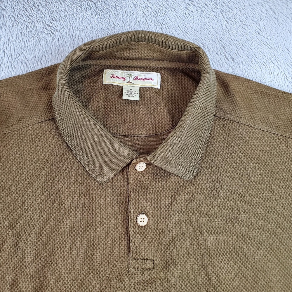 Tommy Bahama Silk Polo Shirt Mens XL Long Sleeve Textured Waffle Knit Brown New‎